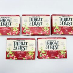 Jakemans Cherry lozenges 5-pack, 24ct boxes on white; factory-sealed product, outer cartons have cosmetic damage